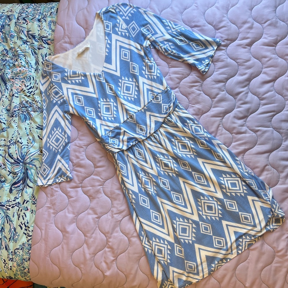 Peach Love Light Blue Ikat Patterned Dress XS